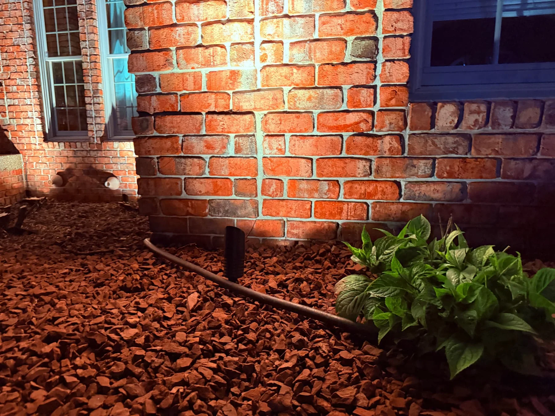 Low-voltage uplight illuminating brick and landscaping